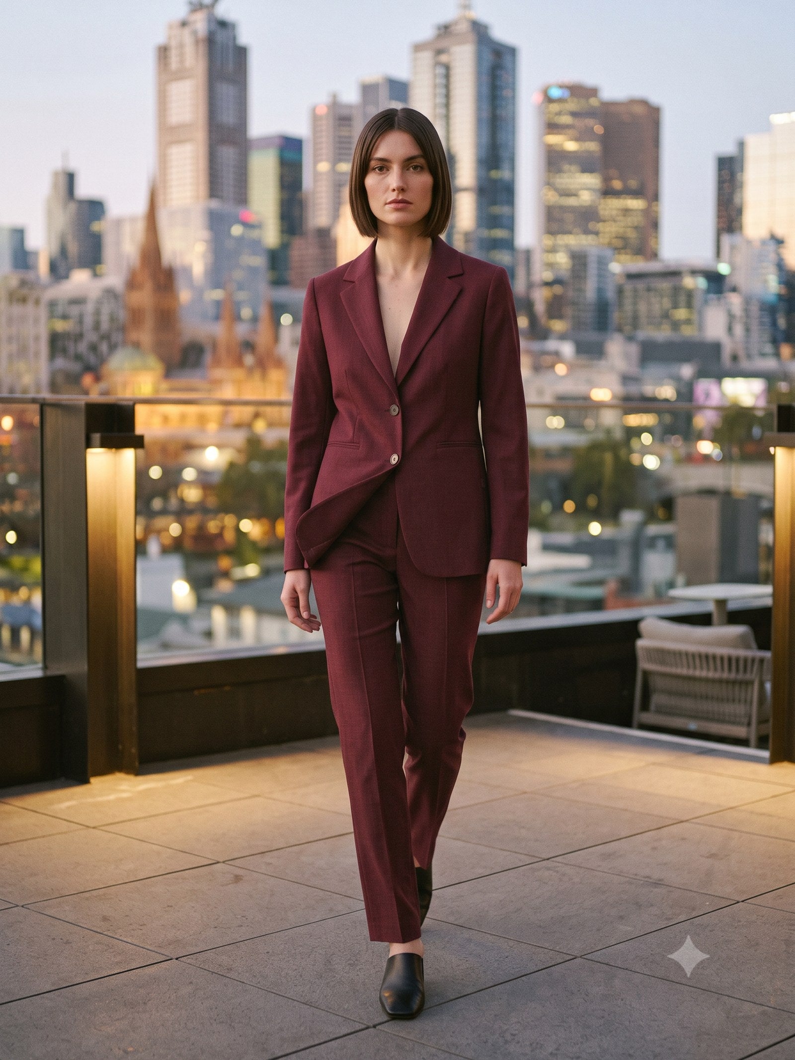 Taper Wool Crepe Suit in Claret, front