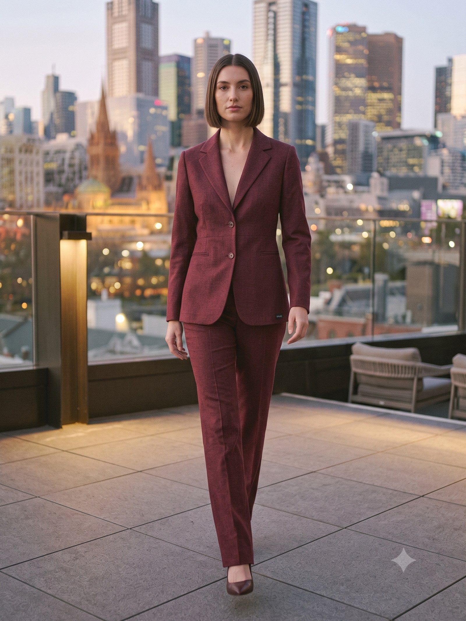 Taper Wool Crepe Suit in Claret, in motion