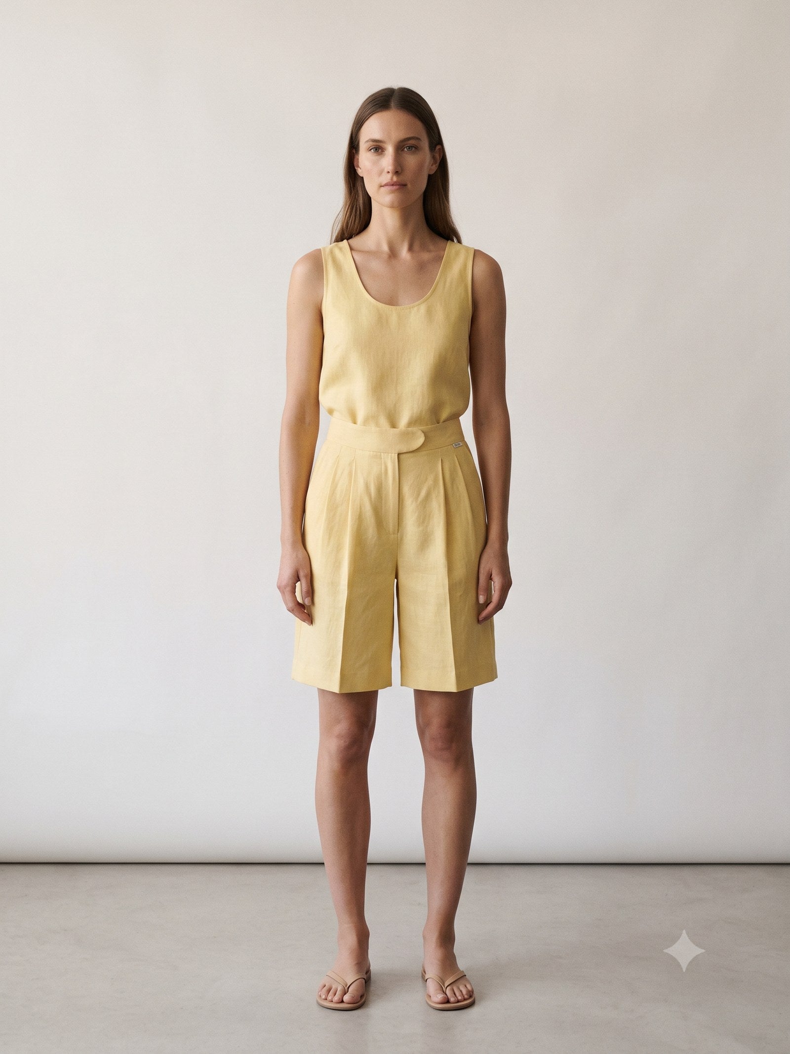 Tinder Linen-Silk Bermuda in Butter, front