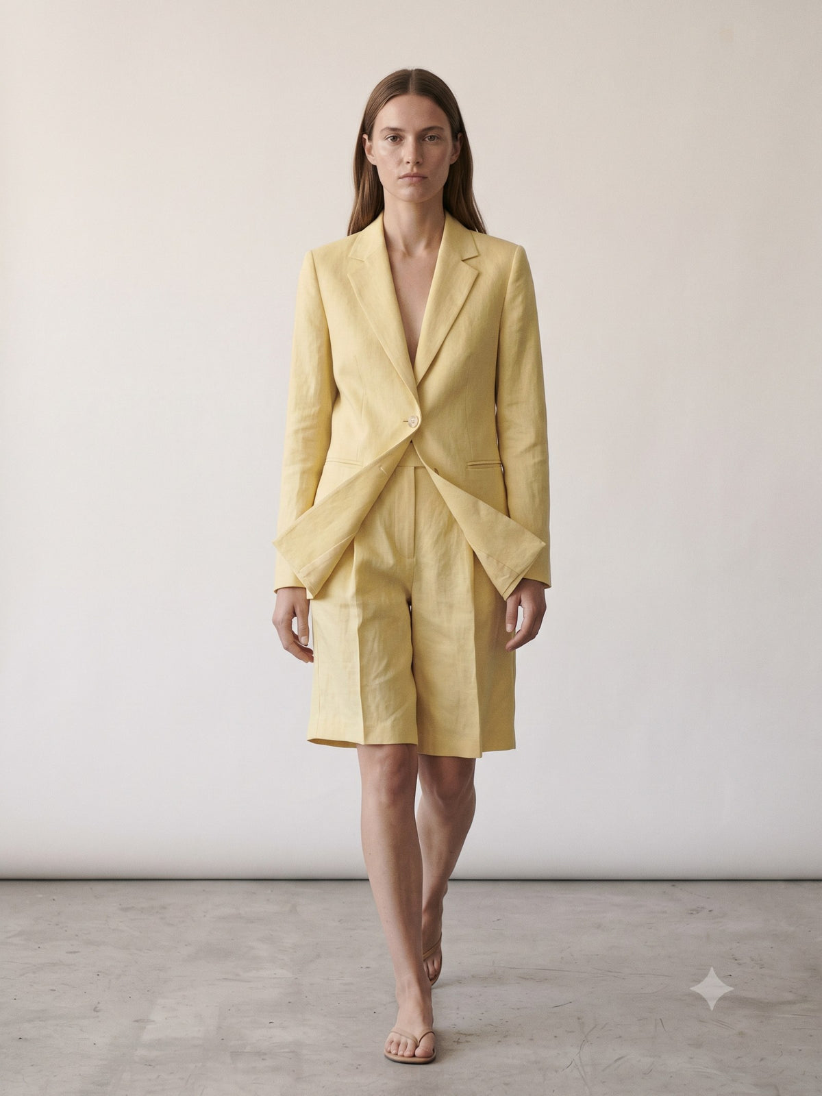 Tinder Linen-Silk Bermuda in Butter, in motion