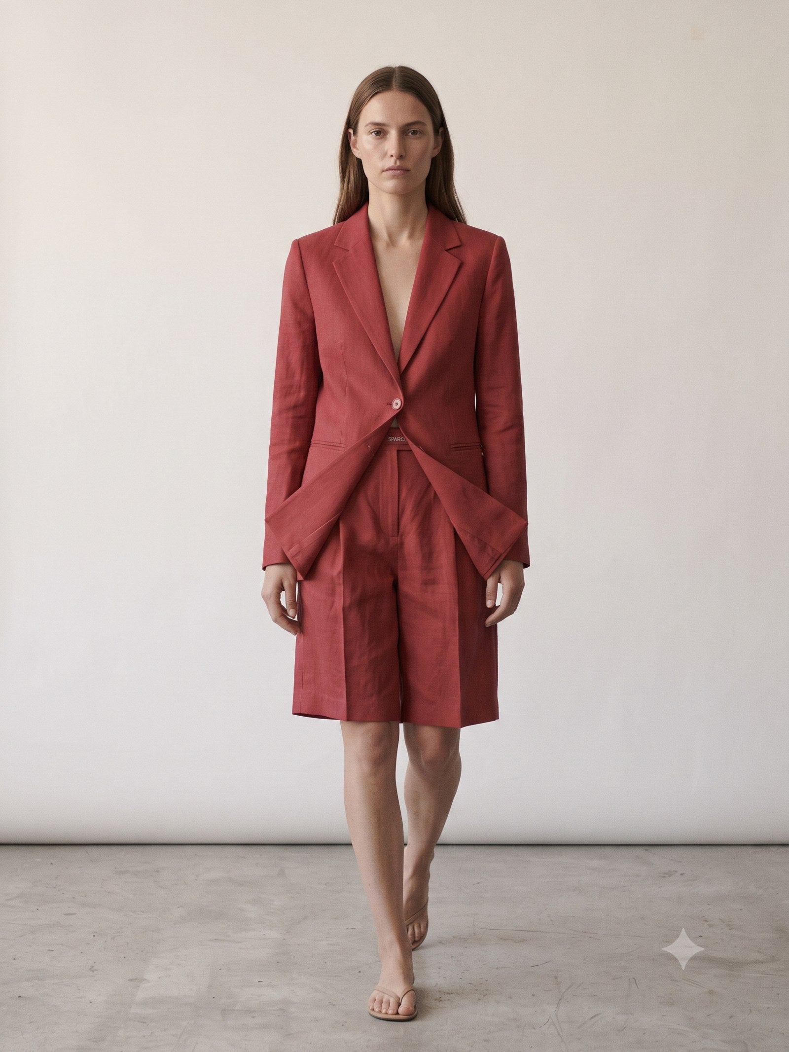 Tinder Linen-Silk Bermuda in Cherry Lacquer, front