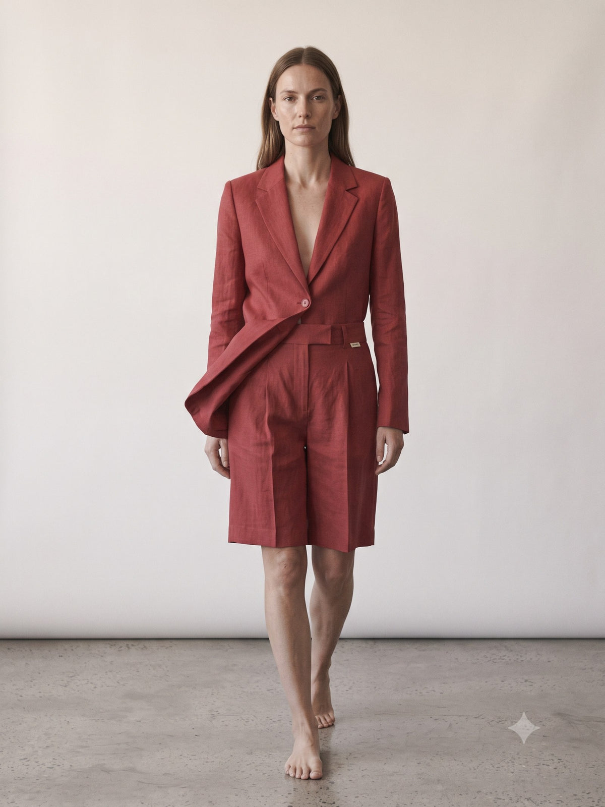 Tinder Linen-Silk Bermuda in Cherry Lacquer, in motion