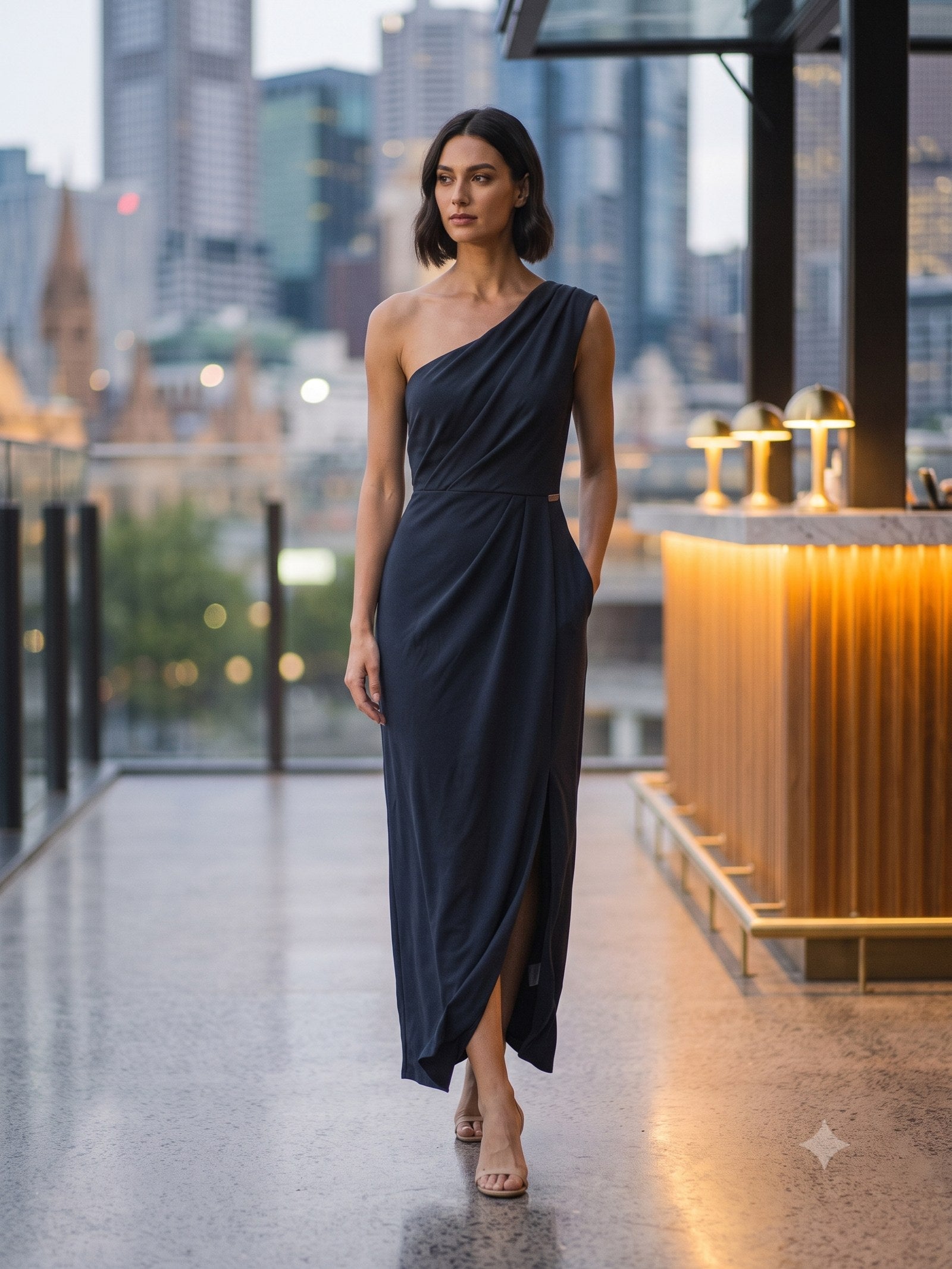 Vesper Draped Gown in Ink, front