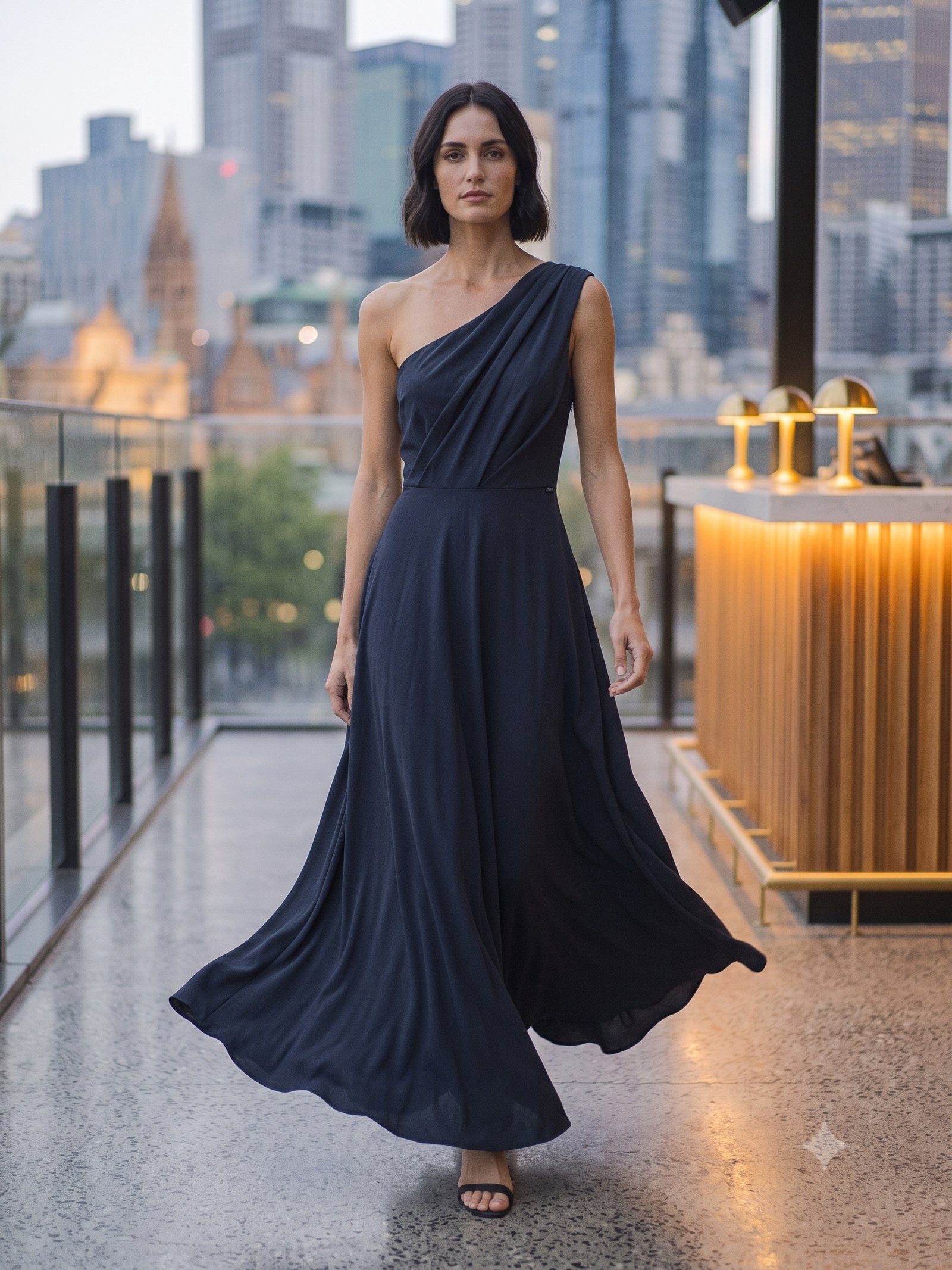 Vesper Draped Gown in Ink, in motion