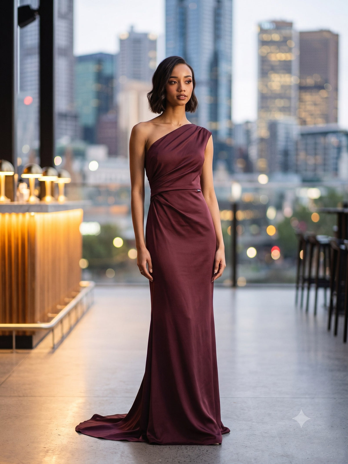 Vesper Draped Gown in Mulberry, front