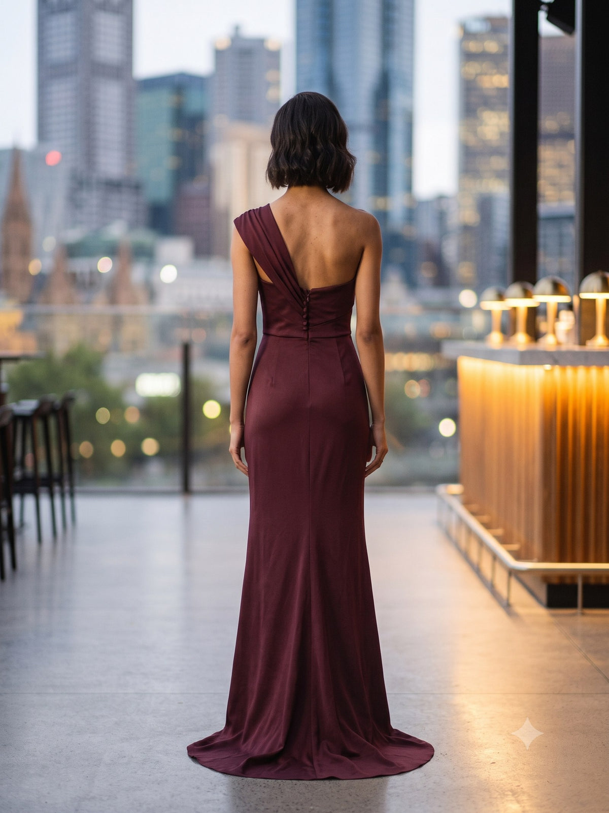 Vesper Draped Gown in Mulberry, back