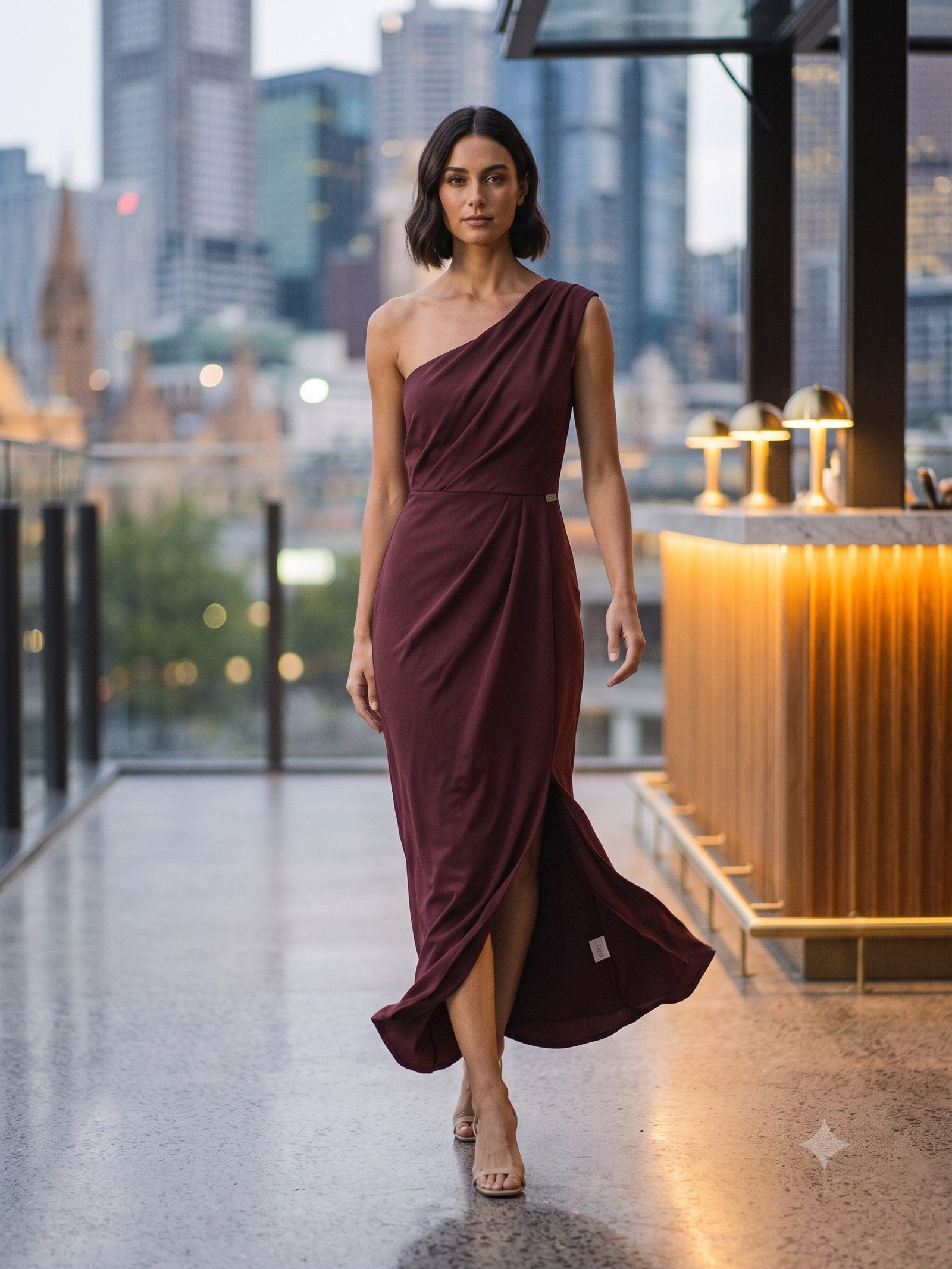 Vesper Draped Gown in Mulberry, in motion