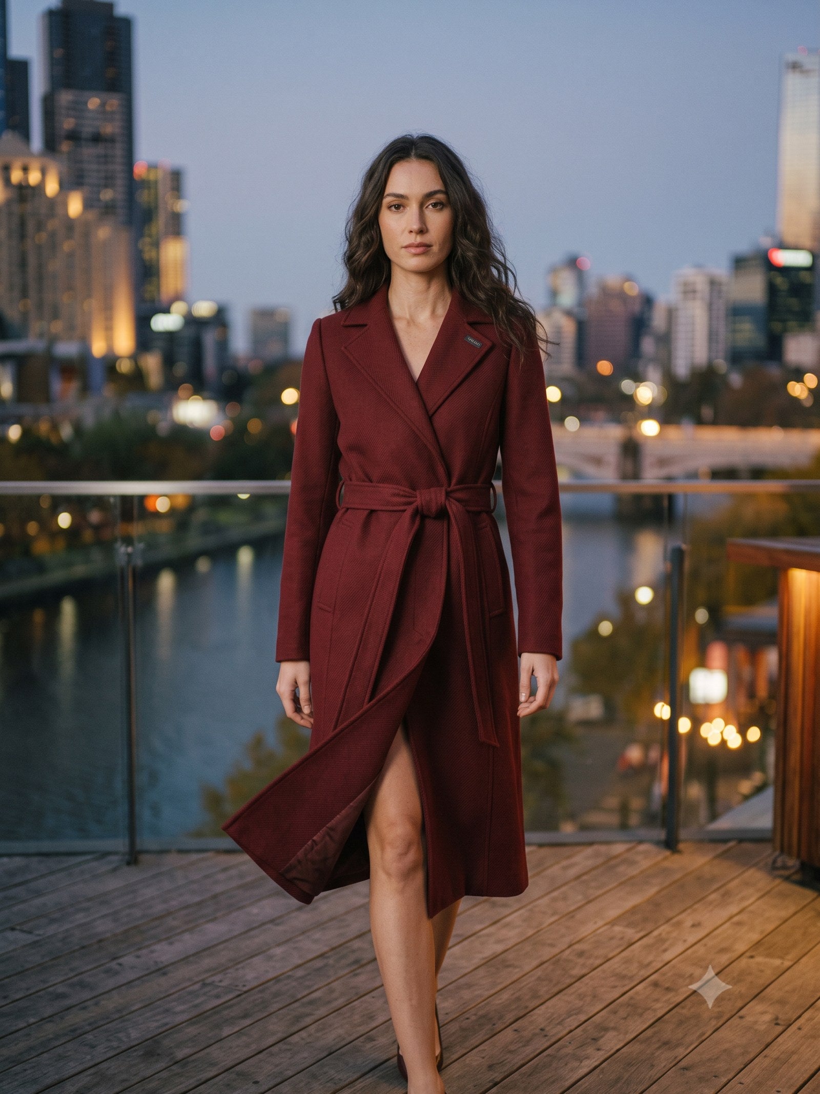 Vesta Longline Wool Coat in Garnet, in motion
