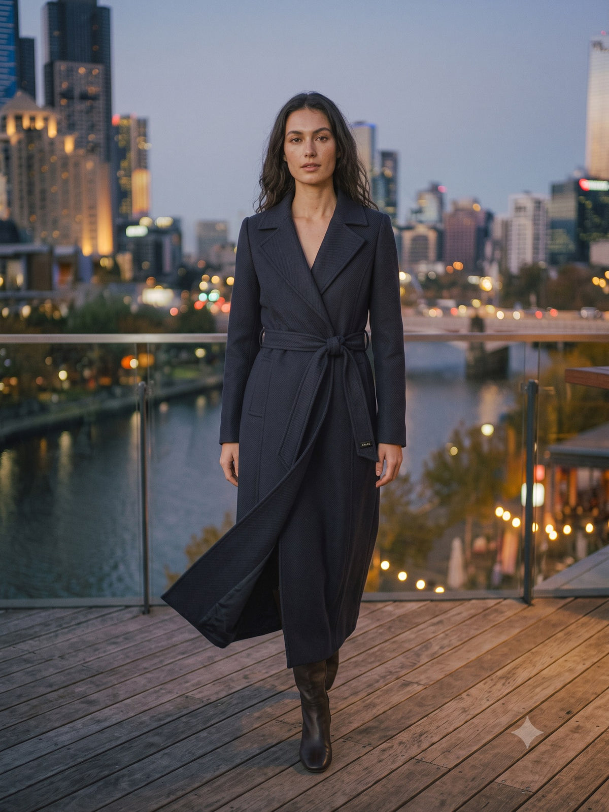 Vesta Longline Wool Coat in Ink, in motion