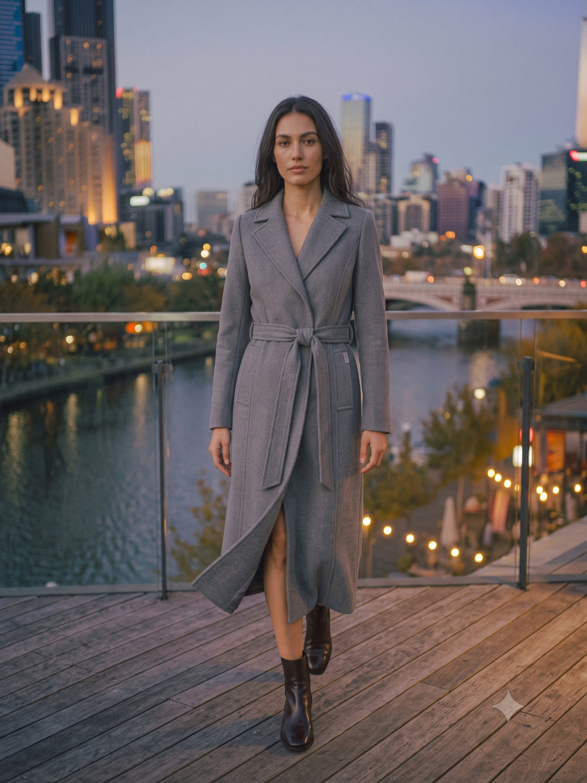 Vesta Longline Wool Coat in Smoke, in motion