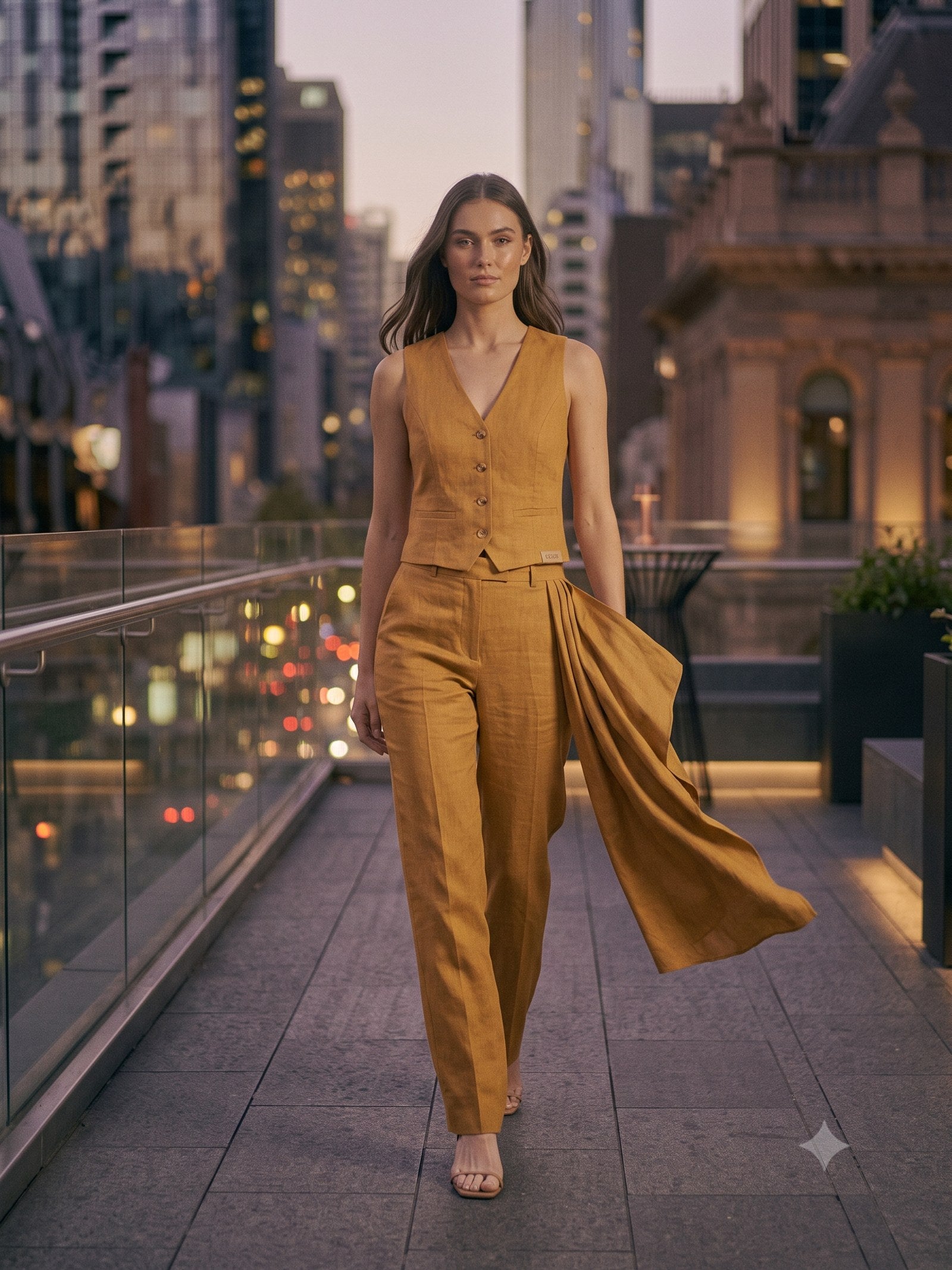 Votive Silk Faille Three-Piece in Antique Gold, in motion