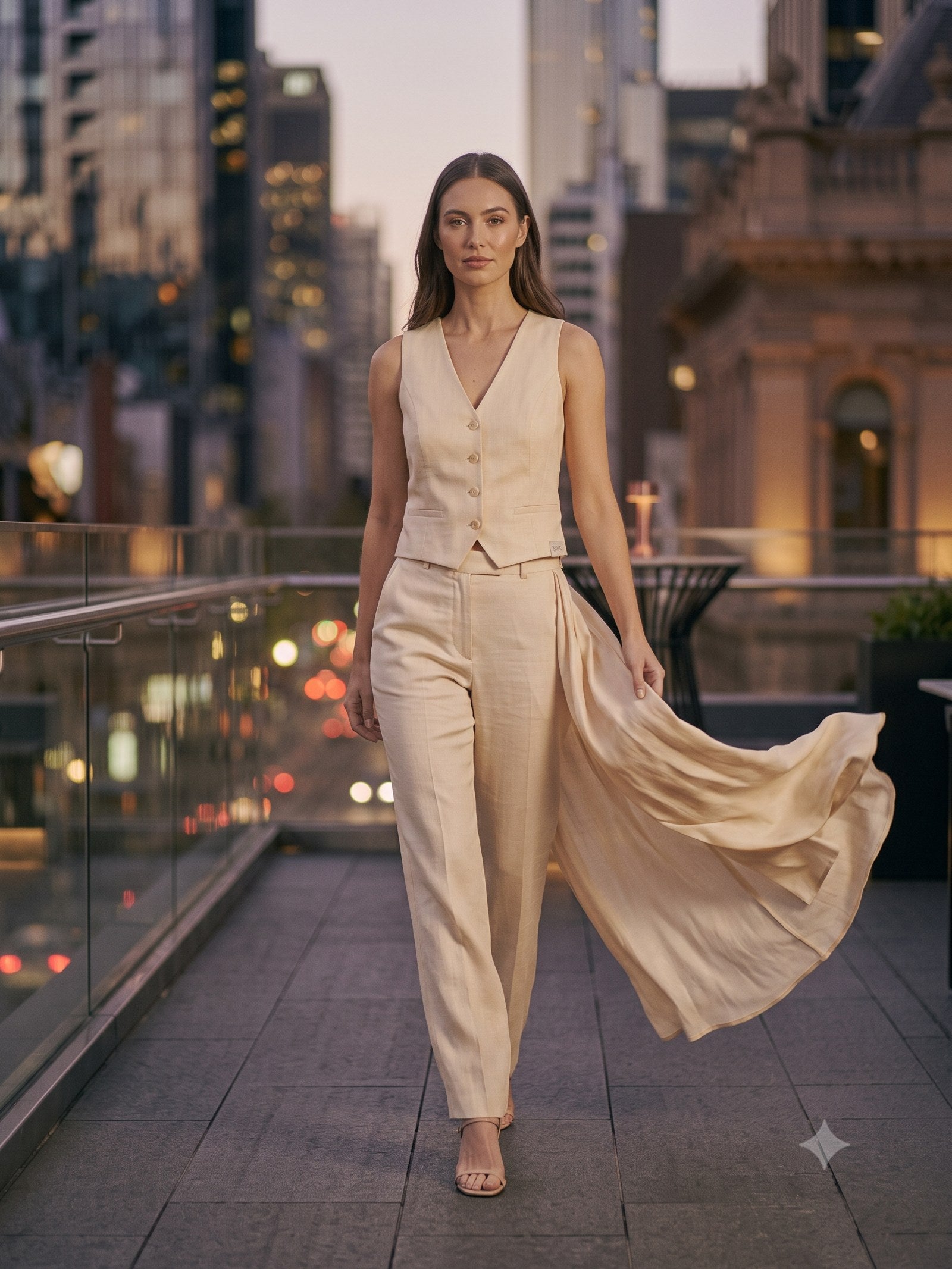 Votive Silk Faille Three-Piece in Champagne, in motion