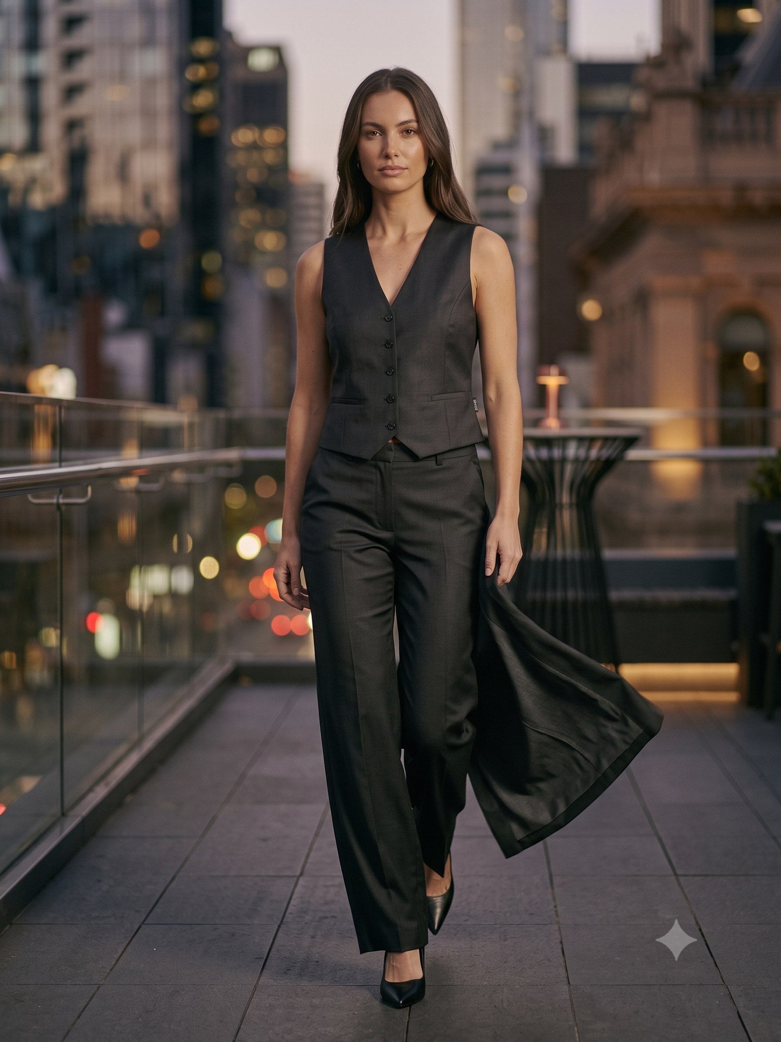 Votive Silk Faille Three-Piece in Onyx, in motion