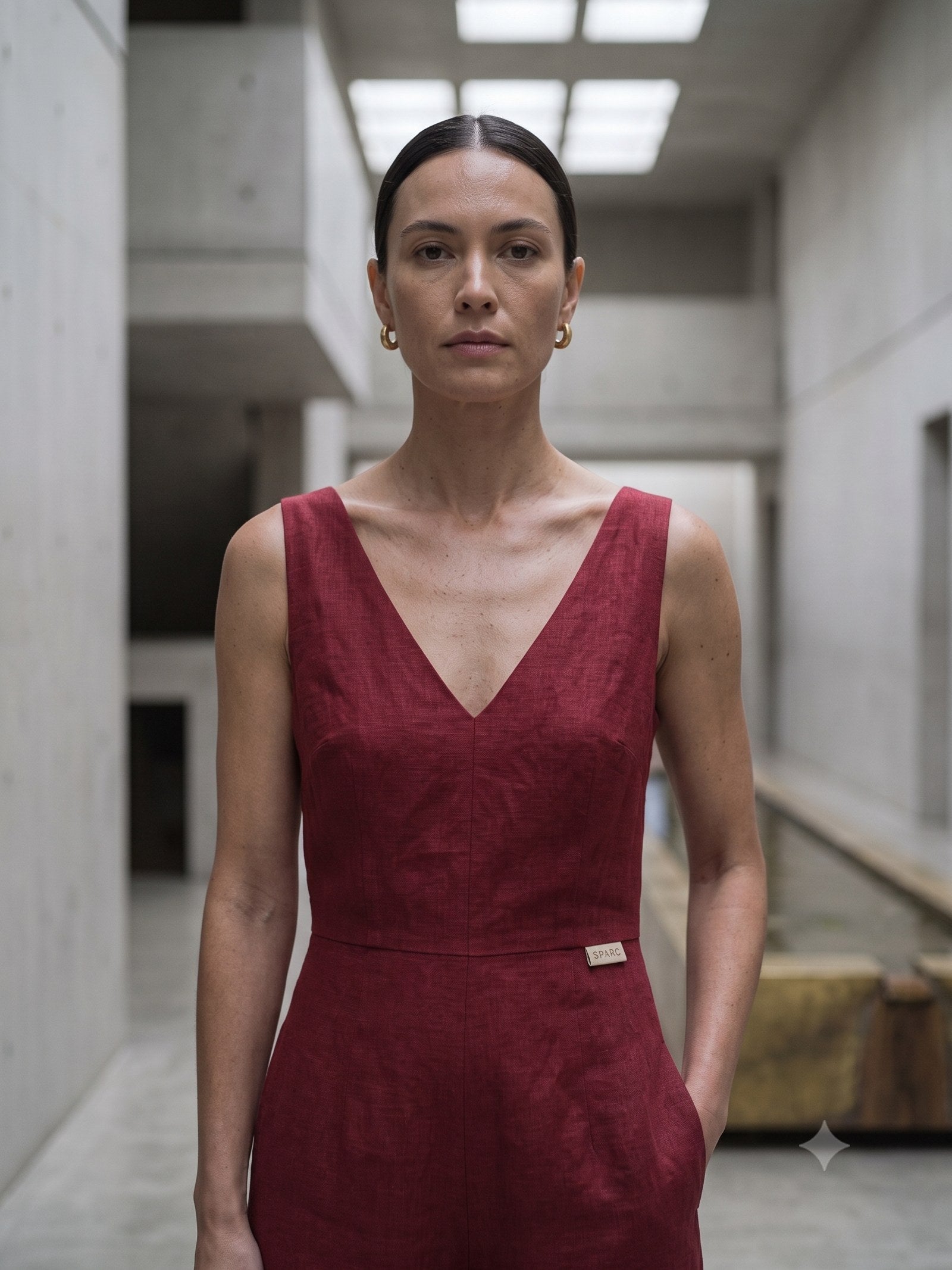 Wick Linen-Silk Jumpsuit in Cherry Lacquer, detail