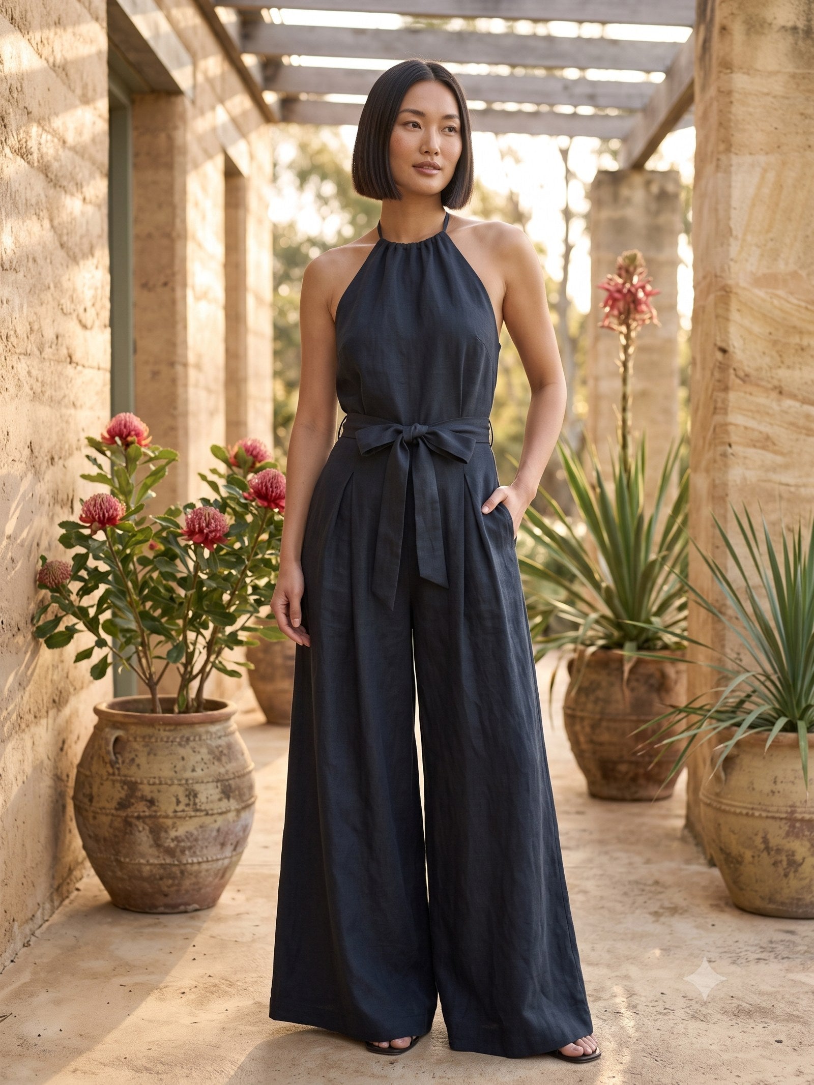 Wick Linen-Silk Jumpsuit in Ink, front