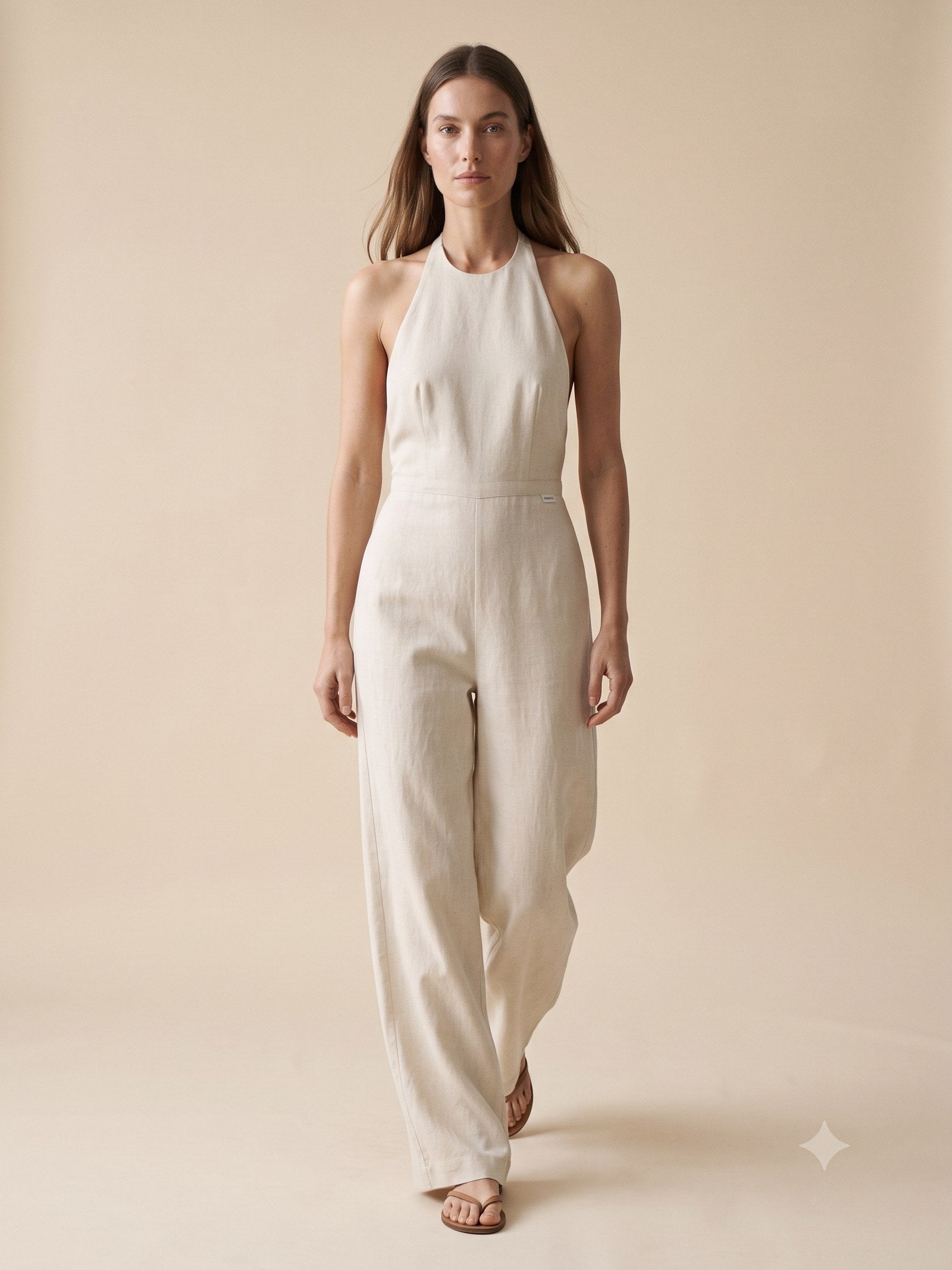 Windward Linen Halter Jumpsuit in Bone, in motion