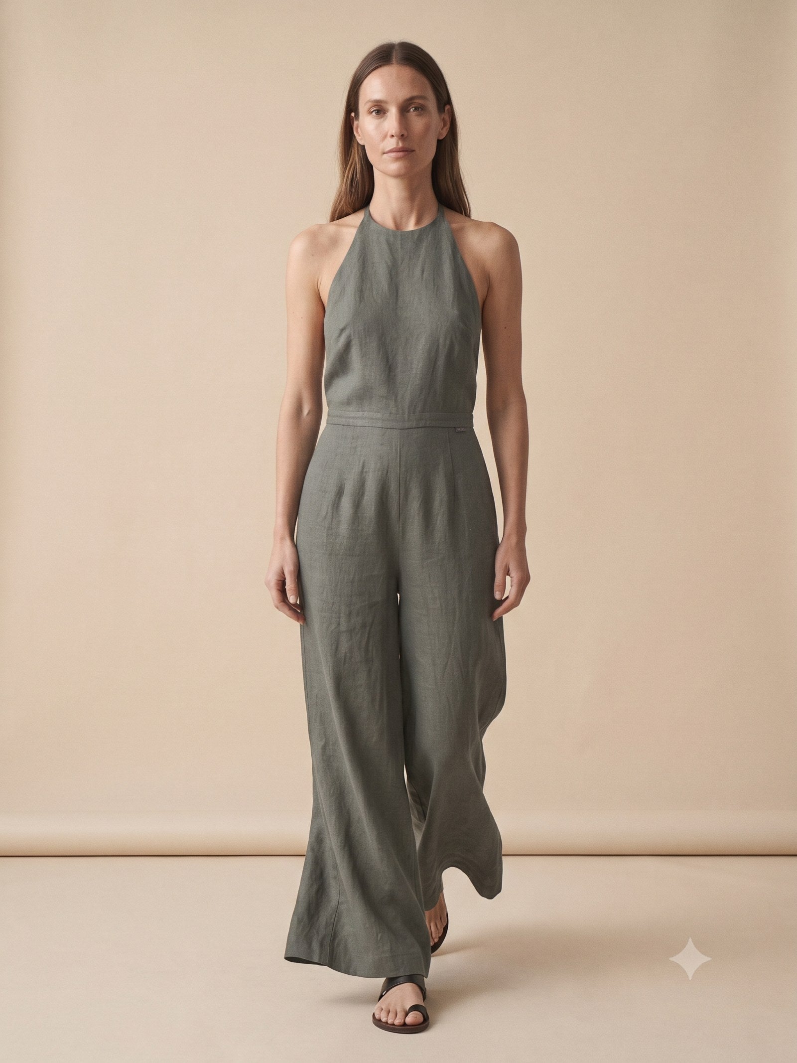 Windward Linen Halter Jumpsuit in Eucalypt, front