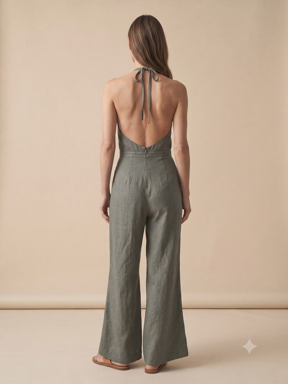 Windward Linen Halter Jumpsuit in Eucalypt, back