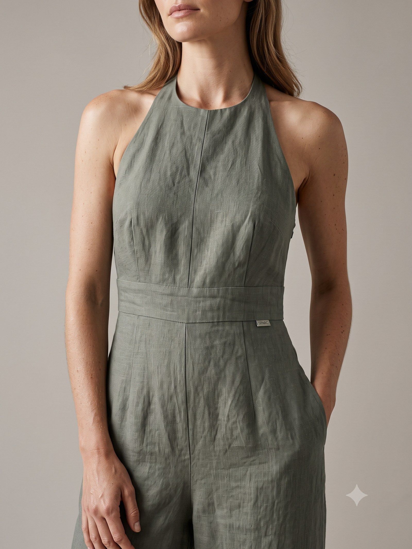 Windward Linen Halter Jumpsuit in Eucalypt, detail