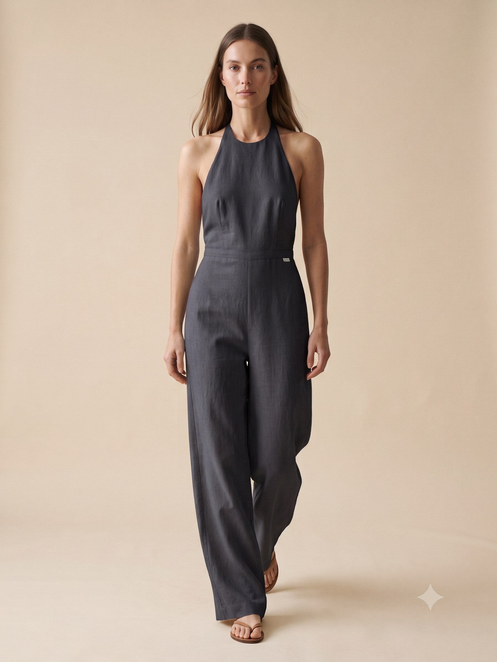 Windward Linen Halter Jumpsuit in Ink, front