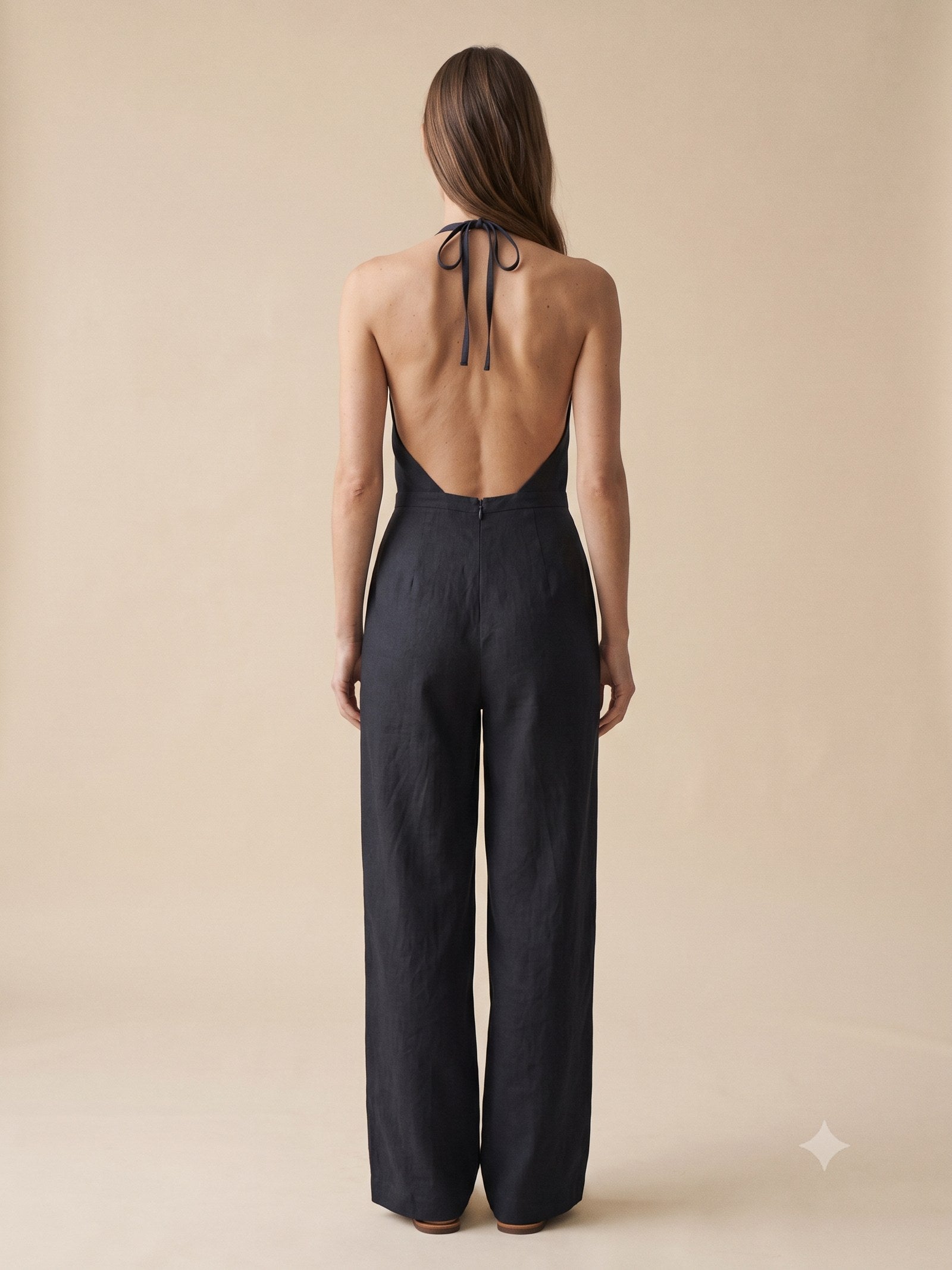 Windward Linen Halter Jumpsuit in Ink, back