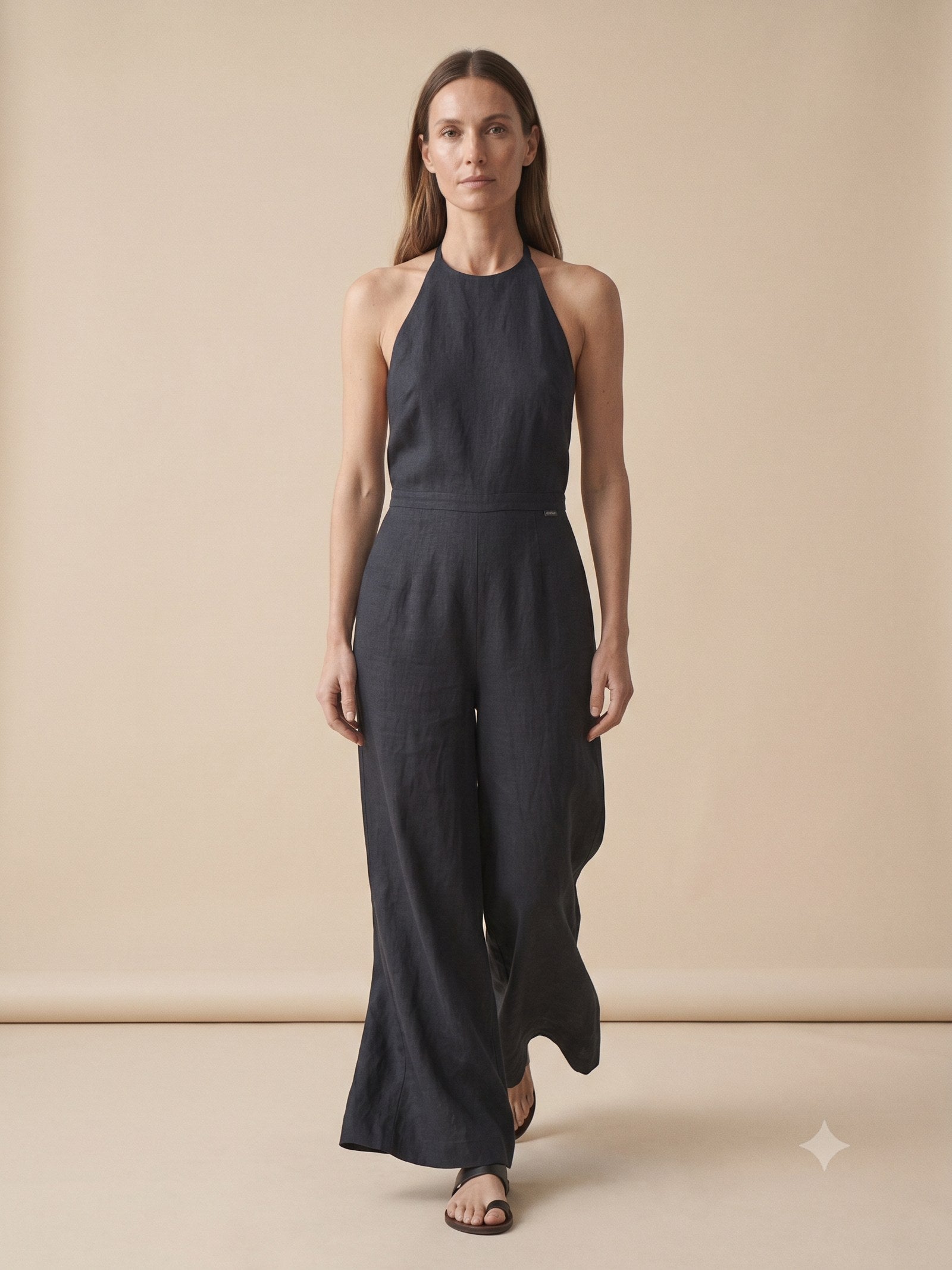 Windward Linen Halter Jumpsuit in Ink, in motion
